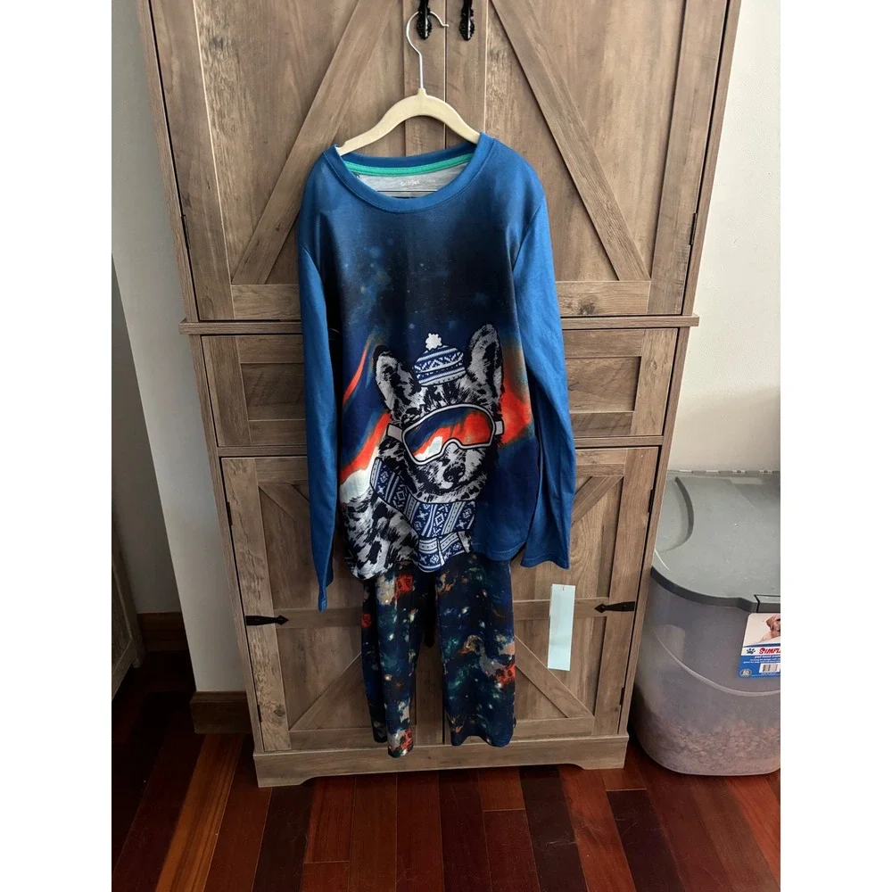Cat & Jack Boys Space Wolf Ski Goggles Pajama Set Blue Galaxy 2pc NWT 12/14